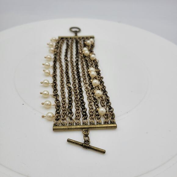 VTG Pinned Pearl Cuff Bracelet 8" Gold Tone White Beads Wide Toggle Closure - Picture 5 of 13
